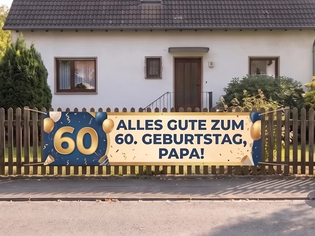 Werbebanner zum 60. Geburtstag am Gartenzaun.